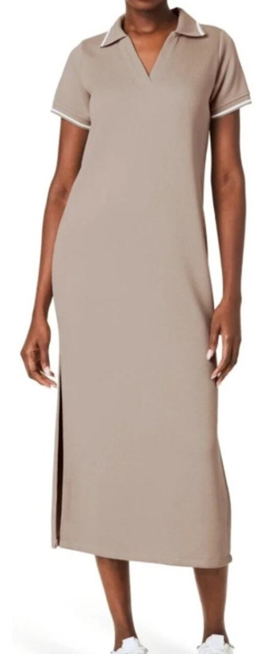 Spanx AirPique SS Polo Midi Dress Women’s S Petite Ashwood Beige Preppy NWT